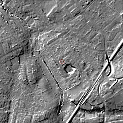 Shaded relief map of the ground around SK86HN, computed from Environment Agency LiDAR. The ground here sits at about 67 m above sea level and falls 18 m across the surrounding 800 m. Surface water reaching this point runs off ground lying to the south-east, 8.4 m higher.