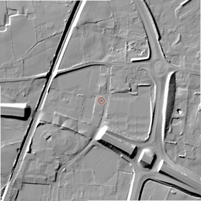 Shaded relief map of the ground around SK86PT, computed from Environment Agency LiDAR. The ground here sits at about 76 m above sea level and falls 12 m across the surrounding 800 m. Surface water reaching this point runs off ground lying to the north-north-east, 7.3 m higher.