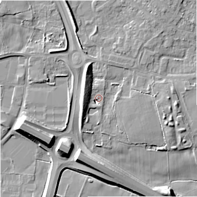 Shaded relief map of the ground around SK86PW, computed from Environment Agency LiDAR. The ground here sits at about 78 m above sea level and falls 11 m across the surrounding 800 m. Surface water reaching this point runs off ground lying to the west-north-west, 7.3 m higher.