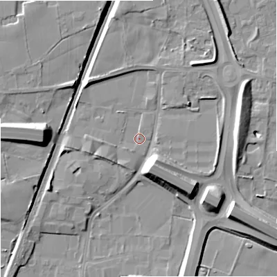 Shaded relief map of the ground around SK86QE, computed from Environment Agency LiDAR. The ground here sits at about 76 m above sea level and falls 12 m across the surrounding 800 m. Surface water reaching this point runs off ground lying to the north-east, 5.8 m higher.