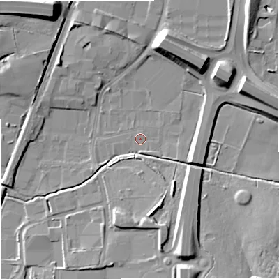 Shaded relief map of the ground around SK86QH, computed from Environment Agency LiDAR. The ground here sits at about 74 m above sea level and falls 13 m across the surrounding 800 m. Surface water reaching this point runs off ground lying to the east-south-east, 1.7 m higher.