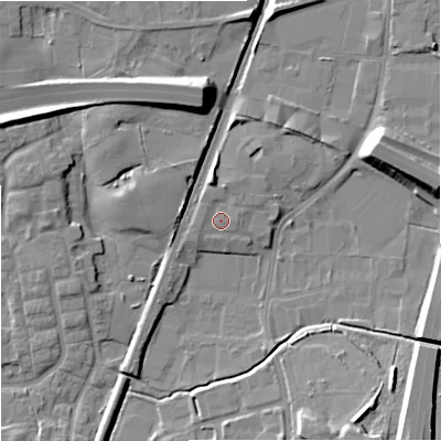 Shaded relief map of the ground around SK86QL, computed from Environment Agency LiDAR. The ground here sits at about 76 m above sea level and falls 13 m across the surrounding 800 m. Surface water reaching this point runs off ground lying to the north, 2.0 m higher.