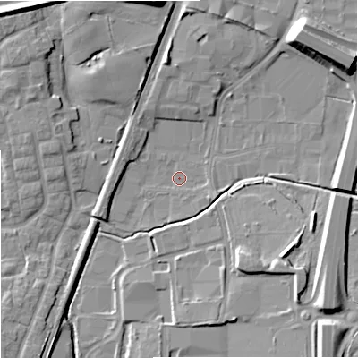 Shaded relief map of the ground around SK86QS, computed from Environment Agency LiDAR. The ground here sits at about 74 m above sea level and falls 14 m across the surrounding 800 m. Surface water reaching this point runs off ground lying to the south-east, 1.0 m higher.