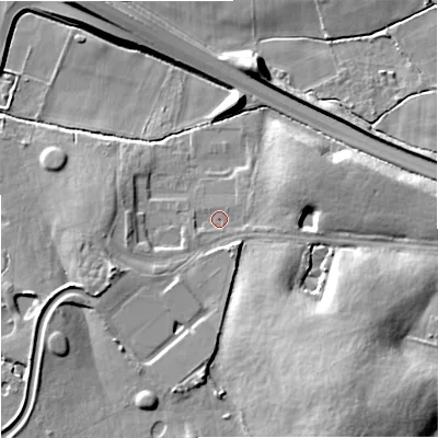 Shaded relief map of the ground around SK87NY, computed from Environment Agency LiDAR. The ground here sits at about 78 m above sea level and falls 18 m across the surrounding 800 m. Surface water reaching this point runs off ground lying to the south-south-east, 14.8 m higher.