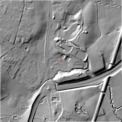 Shaded relief map of the ground around SK91AT, computed from Environment Agency LiDAR. The ground here sits at about 70 m above sea level and falls 13 m across the surrounding 800 m. Surface water reaching this point runs off ground lying to the east, 10.3 m higher.