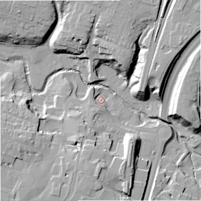 Shaded relief map of the ground around SK91BJ, computed from Environment Agency LiDAR. The ground here sits at about 62 m above sea level and falls 28 m across the surrounding 800 m. Surface water reaching this point runs off ground lying to the south-south-west, 7.8 m higher.