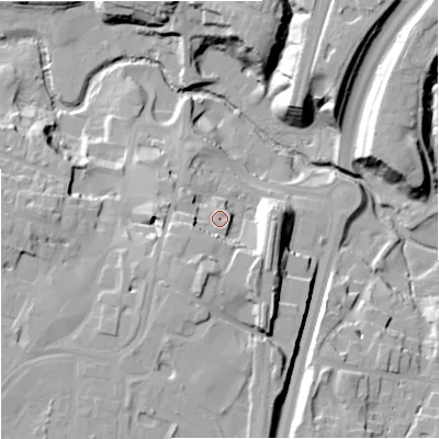 Shaded relief map of the ground around SK91BL, computed from Environment Agency LiDAR. The ground here sits at about 71 m above sea level and falls 27 m across the surrounding 800 m. Surface water reaching this point runs off ground lying to the south-south-west, 9.1 m higher.
