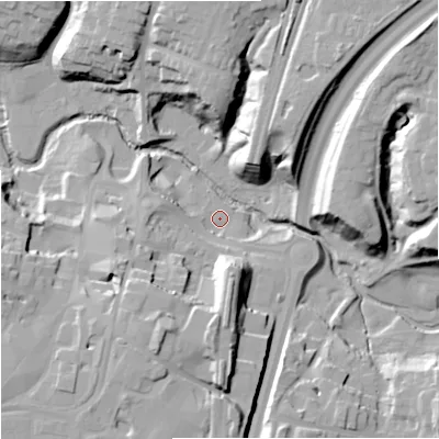 Shaded relief map of the ground around SK91DL, computed from Environment Agency LiDAR. The ground here sits at about 62 m above sea level and falls 28 m across the surrounding 800 m. Surface water reaching this point runs off ground lying to the south, 3.8 m higher.