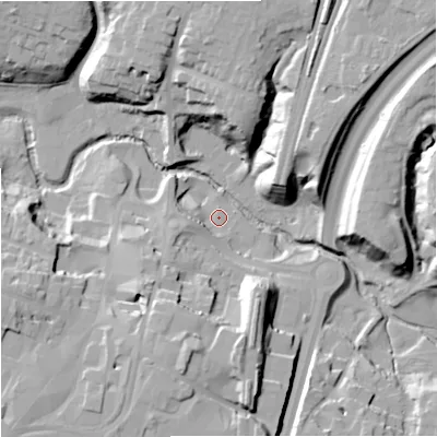 Shaded relief map of the ground around SK91DP, computed from Environment Agency LiDAR. The ground here sits at about 62 m above sea level and falls 28 m across the surrounding 800 m. Surface water reaching this point runs off ground lying to the south, 18.9 m higher.