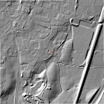 Shaded relief map of the ground around SK91NJ, computed from Environment Agency LiDAR. The ground here sits at about 74 m above sea level and falls 11 m across the surrounding 800 m. Surface water reaching this point runs off ground lying to the north-north-east, 5.3 m higher.