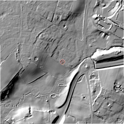 Shaded relief map of the ground around SK91QD, computed from Environment Agency LiDAR. The ground here sits at about 71 m above sea level and falls 15 m across the surrounding 800 m. Surface water reaching this point runs off ground lying to the north-west, 6.0 m higher.