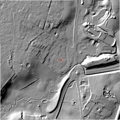 Shaded relief map of the ground around SK91QE, computed from Environment Agency LiDAR. The ground here sits at about 71 m above sea level and falls 14 m across the surrounding 800 m. Surface water reaching this point runs off ground lying to the west-north-west, 6.9 m higher.