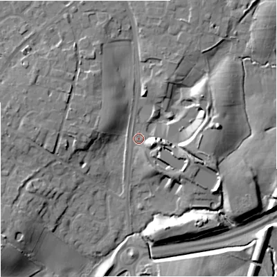Shaded relief map of the ground around SK91RA, computed from Environment Agency LiDAR. The ground here sits at about 71 m above sea level and falls 12 m across the surrounding 800 m. Surface water reaching this point runs off ground lying to the east, 9.9 m higher.