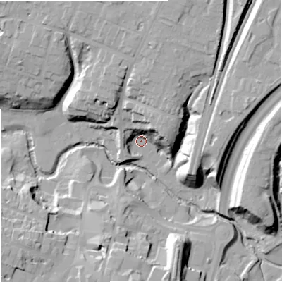 Shaded relief map of the ground around SK92JA, computed from Environment Agency LiDAR. The ground here sits at about 61 m above sea level and falls 28 m across the surrounding 800 m. Surface water reaching this point runs off ground lying to the north-north-east, 24.1 m higher.
