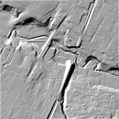 Shaded relief map of the ground around SK92RX, computed from Environment Agency LiDAR. The ground here sits at about 65 m above sea level and falls 24 m across the surrounding 800 m. Surface water reaching this point runs off ground lying to the south-south-east, 21.8 m higher.