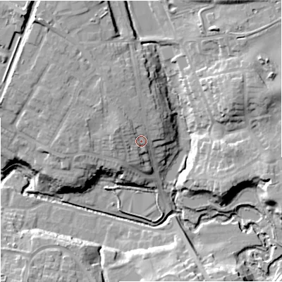 Shaded relief map of the ground around SK93AH, computed from Environment Agency LiDAR. The ground here sits at about 77 m above sea level and falls 22 m across the surrounding 800 m. Surface water reaching this point runs off ground lying to the west-north-west, 4.8 m higher.