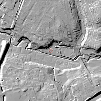 Shaded relief map of the ground around SK93AQ, computed from Environment Agency LiDAR. The ground here sits at about 66 m above sea level and falls 22 m across the surrounding 800 m. Surface water reaching this point runs off ground lying to the north-north-west, 13.5 m higher.