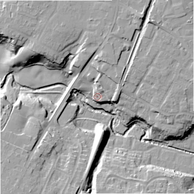 Shaded relief map of the ground around SK93HW, computed from Environment Agency LiDAR. The ground here sits at about 72 m above sea level and falls 24 m across the surrounding 800 m. Surface water reaching this point runs off ground lying to the north-north-east, 13.8 m higher.