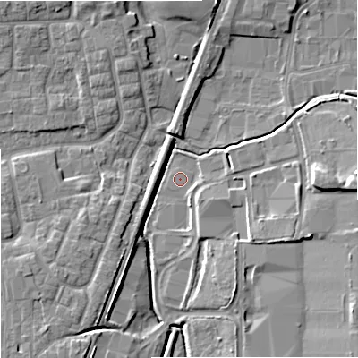 Shaded relief map of the ground around SK93RN, computed from Environment Agency LiDAR. The ground here sits at about 73 m above sea level and falls 12 m across the surrounding 800 m. Surface water reaching this point runs off ground lying to the south-south-west, 1.2 m higher.