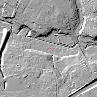 Shaded relief map of the ground around SK93UD, computed from Environment Agency LiDAR. The ground here sits at about 66 m above sea level and falls 23 m across the surrounding 800 m. Surface water reaching this point runs off ground lying to the south-south-east, 18.3 m higher.