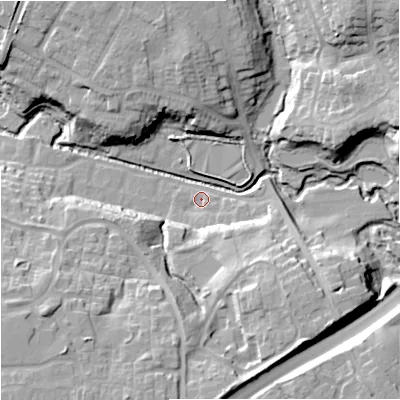 Shaded relief map of the ground around SK93UN, computed from Environment Agency LiDAR. The ground here sits at about 66 m above sea level and falls 22 m across the surrounding 800 m. Surface water reaching this point runs off ground lying to the south-south-east, 12.1 m higher.