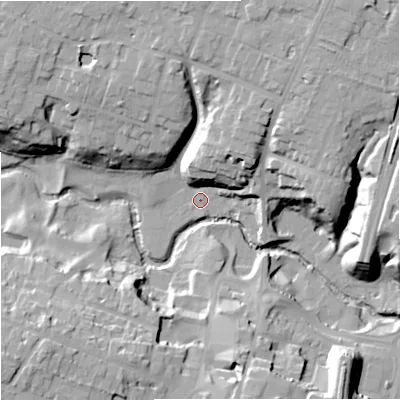 Shaded relief map of the ground around SK94AA, computed from Environment Agency LiDAR. The ground here sits at about 61 m above sea level and falls 28 m across the surrounding 800 m. Surface water reaching this point runs off ground lying to the north-north-east, 22.4 m higher.