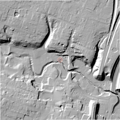 Shaded relief map of the ground around SK94AB, computed from Environment Agency LiDAR. The ground here sits at about 61 m above sea level and falls 28 m across the surrounding 800 m. Surface water reaching this point runs off ground lying to the north-east, 25.0 m higher.