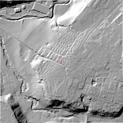 Shaded relief map of the ground around SK94AQ, computed from Environment Agency LiDAR. The ground here sits at about 76 m above sea level and falls 27 m across the surrounding 800 m. Surface water reaching this point runs off ground lying to the east, 3.8 m higher.