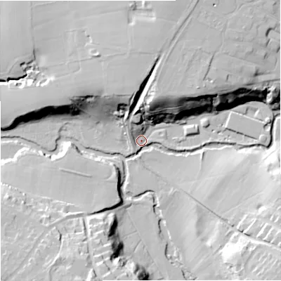 Shaded relief map of the ground around SK94HW, computed from Environment Agency LiDAR. The ground here sits at about 56 m above sea level and falls 28 m across the surrounding 800 m. Surface water reaching this point runs off ground lying to the north, 26.4 m higher.