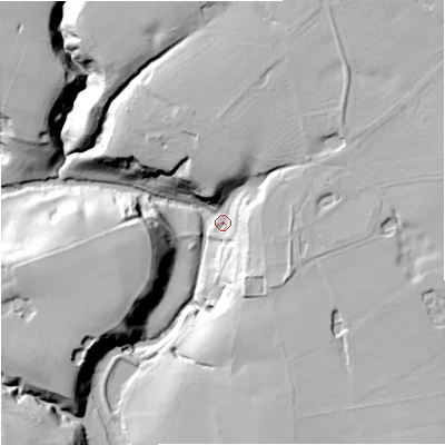 Shaded relief map of the ground around SK94LA, computed from Environment Agency LiDAR. The ground here sits at about 57 m above sea level and falls 35 m across the surrounding 800 m. Surface water reaching this point runs off ground lying to the east-north-east, 30.9 m higher.