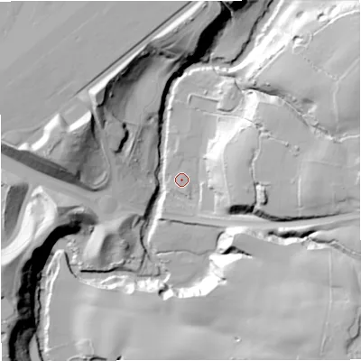 Shaded relief map of the ground around SK94LR, computed from Environment Agency LiDAR. The ground here sits at about 45 m above sea level and falls 36 m across the surrounding 800 m. Surface water reaching this point runs off ground lying to the east, 27.6 m higher.