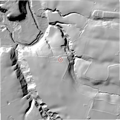 Shaded relief map of the ground around SK94LU, computed from Environment Agency LiDAR. The ground here sits at about 64 m above sea level and falls 38 m across the surrounding 800 m. Surface water reaching this point runs off ground lying to the south, 4.8 m higher.