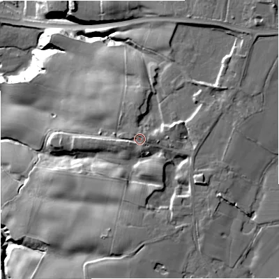 Shaded relief map of the ground around SK95NX, computed from Environment Agency LiDAR. The ground here sits at about 74 m above sea level and falls 36 m across the surrounding 800 m. Surface water reaching this point runs off ground lying to the east, 2.8 m higher.
