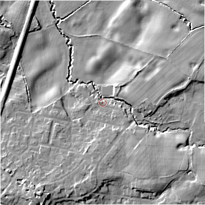 Shaded relief map of the ground around SK97LT, computed from Environment Agency LiDAR. The ground here sits at about 79 m above sea level and falls 16 m across the surrounding 800 m. Surface water reaching this point runs off ground lying to the south-east, 10.1 m higher.