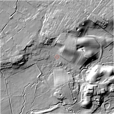 Shaded relief map of the ground around SK97RU, computed from Environment Agency LiDAR. The ground here sits at about 68 m above sea level and falls 16 m across the surrounding 800 m. Surface water reaching this point runs off ground lying to the east-north-east, 10.3 m higher.