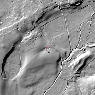 Shaded relief map of the ground around SK97SL, computed from Environment Agency LiDAR. The ground here sits at about 67 m above sea level and falls 12 m across the surrounding 800 m. Surface water reaching this point runs off ground lying to the south, 3.4 m higher.