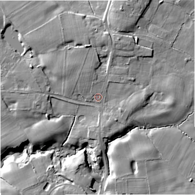 Shaded relief map of the ground around SK97TL, computed from Environment Agency LiDAR. The ground here sits at about 76 m above sea level and falls 11 m across the surrounding 800 m. Surface water reaching this point runs off ground lying to the north-north-west, 2.6 m higher.