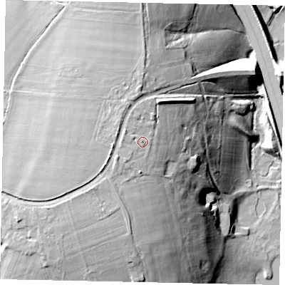 Shaded relief map of the ground around SL00EA, computed from Environment Agency LiDAR. The ground here sits at about 57 m above sea level and falls 30 m across the surrounding 800 m. Surface water reaching this point runs off ground lying to the west-south-west, 2.3 m higher.