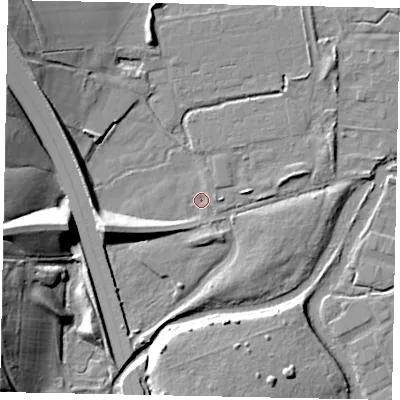 Shaded relief map of the ground around SL00EB, computed from Environment Agency LiDAR. The ground here sits at about 30 m above sea level and falls 17 m across the surrounding 800 m. Surface water reaching this point runs off ground lying to the north-west, 14.4 m higher.