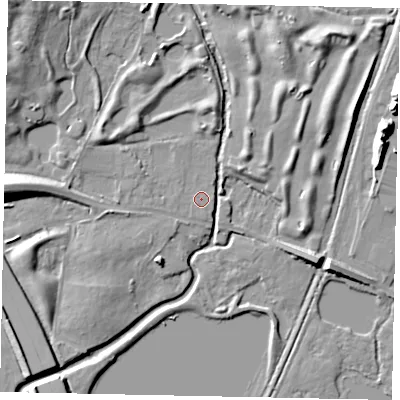 Shaded relief map of the ground around SL09AH, computed from Environment Agency LiDAR. The ground here sits at about 26 m above sea level and falls 13 m across the surrounding 800 m. The ground contributing surface water to this point lies to the east.