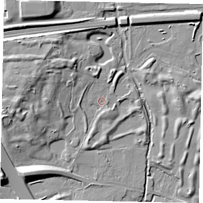 Shaded relief map of the ground around SL09AJ, computed from Environment Agency LiDAR. The ground here sits at about 27 m above sea level and falls 14 m across the surrounding 800 m. Surface water reaching this point runs off ground lying to the north-west, 8.0 m higher.