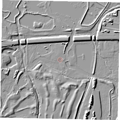 Shaded relief map of the ground around SL09AN, computed from Environment Agency LiDAR. The ground here sits at about 26 m above sea level and falls 12 m across the surrounding 800 m. Surface water reaching this point runs off ground lying to the south-south-west, 5.3 m higher.