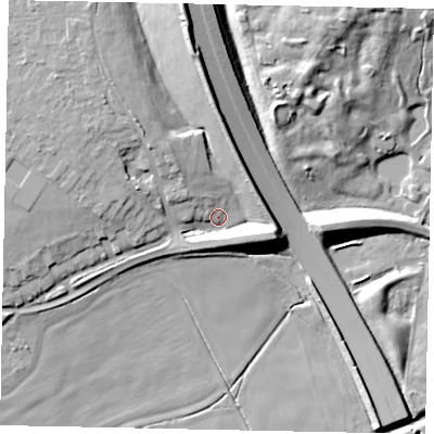 Shaded relief map of the ground around SL09AQ, computed from Environment Agency LiDAR. The ground here sits at about 28 m above sea level and falls 19 m across the surrounding 800 m. Surface water reaching this point runs off ground lying to the north, 15.8 m higher.