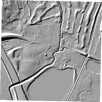 Shaded relief map of the ground around SL09AR, computed from Environment Agency LiDAR. The ground here sits at about 25 m above sea level and falls 12 m across the surrounding 800 m. Surface water reaching this point runs off ground lying to the north-north-west, 1.8 m higher.