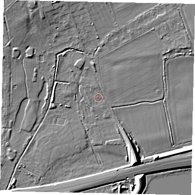 Shaded relief map of the ground around SL09DX, computed from Environment Agency LiDAR. The ground here sits at about 23 m above sea level and falls 10 m across the surrounding 800 m. Surface water reaching this point runs off ground lying to the north, 1.0 m higher.