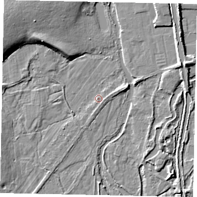 Shaded relief map of the ground around SL09LH, computed from Environment Agency LiDAR. The ground here sits at about 29 m above sea level and falls 9 m across the surrounding 800 m. Surface water reaching this point runs off ground lying to the east-north-east, 1.6 m higher.