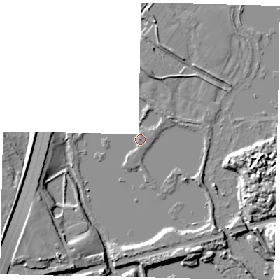 Shaded relief map of the ground around SL09LL, computed from Environment Agency LiDAR. The ground here sits at about 27 m above sea level and falls 11 m across the surrounding 800 m. Surface water reaching this point runs off ground lying to the south-west, 10.0 m higher.