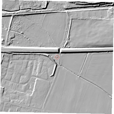 Shaded relief map of the ground around SL09RR, computed from Environment Agency LiDAR. The ground here sits at about 26 m above sea level and falls 15 m across the surrounding 800 m. Surface water reaching this point runs off ground lying to the north, 5.8 m higher.