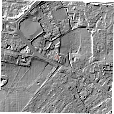 Shaded relief map of the ground around SL11NN, computed from Environment Agency LiDAR. The ground here sits at about 26 m above sea level and falls 13 m across the surrounding 800 m. Surface water reaching this point runs off ground lying to the north-north-west, 3.0 m higher.