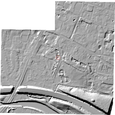Shaded relief map of the ground around SL12DA, computed from Environment Agency LiDAR. The ground here sits at about 22 m above sea level and falls 14 m across the surrounding 800 m. Surface water reaching this point runs off ground lying to the north-north-east, 3.9 m higher.